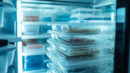 Stacked acrylic trays of skin samples in lab fridge .