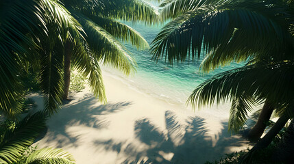 Serene Tropical Beach: Palm Trees Ocean and White Sand