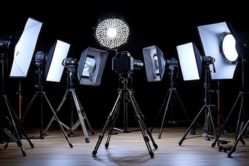 Professional photo studio setup with camera and multiple lighting equipment on tripods.