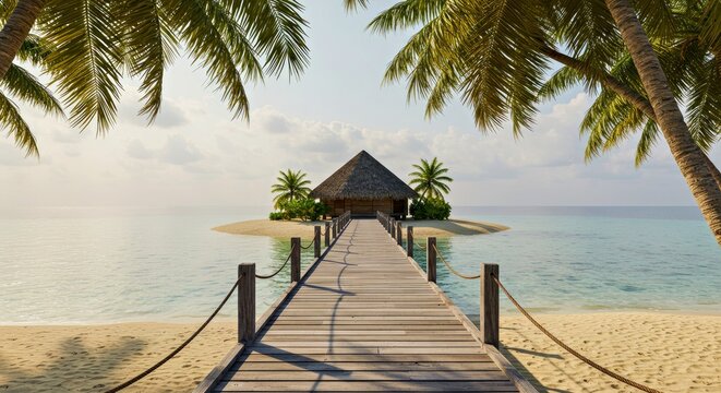 Wooden pier leading to a tiny island hut under waving palm trees - Powered by Adobe