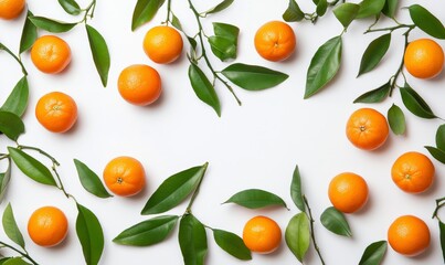 Fresh Oranges with Green Leaves Arranged on a Light Background