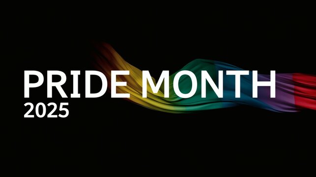 Minimalist black background with rainbow ribbon and Pride 2025 text