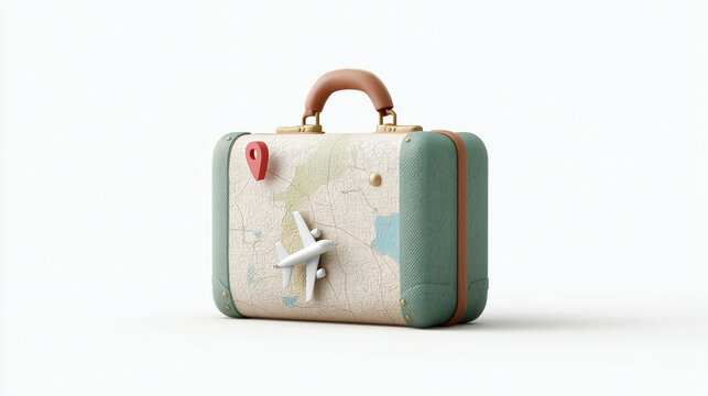 Travel Adventure Luggage: A meticulously crafted suitcase, adorned with a world map, stands ready, complete with airplane and marker, promising a thrilling adventure.