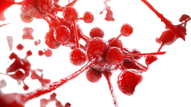 Abstract Representation of Blood Cells and Vessels with Red Nodes and Flowing Streams on Black Background Capturing the Essence of Life and Circulation