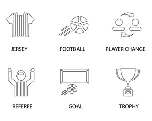 Football Icons Collection - Jersey, Ball, Player Change, Referee, Goal, Trophy Line Art Set | Minimalist Soccer Vector Illustrations