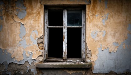 Fototapeta premium Peeling paint and shattered window panes expose the decaying condition of an old building, stirring feelings of abandonment and reflecting the relentless passage of time