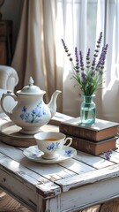 A whitewashed wooden table decorated for spring featuring a distressed wooden tray, a vintage porcelain teapot and a small glass vase filled with lavender sprigs.