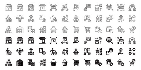 Online shop and store icon set. Consumer and goods icons. Set contains symbol of marketplace, network branch store, front shop, shopping basket, trolley, goods stock. vector illustration