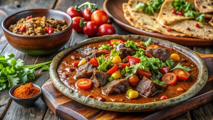 Savory Stew with Tender Meat Cubes, Vibrant Cherry Tomatoes, and Fresh Herbs Served on Rustic Stoneware