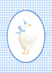 Cute goose illustration. Adorable poster for a boy with an oval frame and goose, farm bird, watercolor cottagecore style, funny character. Childish print and poster, kids' textile and nursery decor
