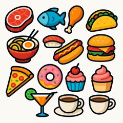 A vibrant, close-up collection of colorful food icons.
