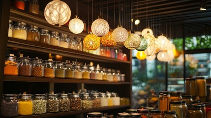 Hanging paper lanterns swaying above rows of spice jars digital
