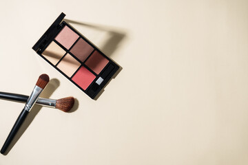 Make up palette and cosmetic brushes at pastel background with hard shadows. Top view image with...