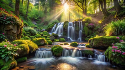Fototapeta premium Serene Waterfall Cascading Through Mossy Rocks and Lush Forest Under Golden Sunlight
