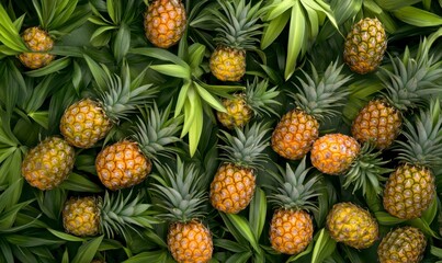 Fresh Pineapples Surrounded by Lush Green Leaves in a Tropical Setting
