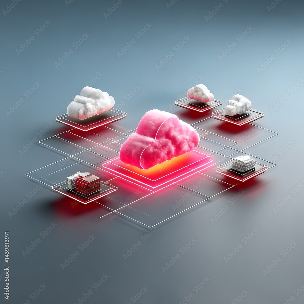 Poster Cloud Computing Network: Abstract Digital Landscape with Connected Data Storage and Servers