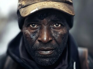 A close-up of a street sweeper calloused hands gripping the handle of a high-tech cleaning machine, with fine details of worn gloves and a blurred city background