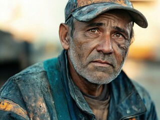 Fototapeta premium A close-up of a street sweeper calloused hands gripping the handle of a high-tech cleaning machine, with fine details of worn gloves and a blurred city background