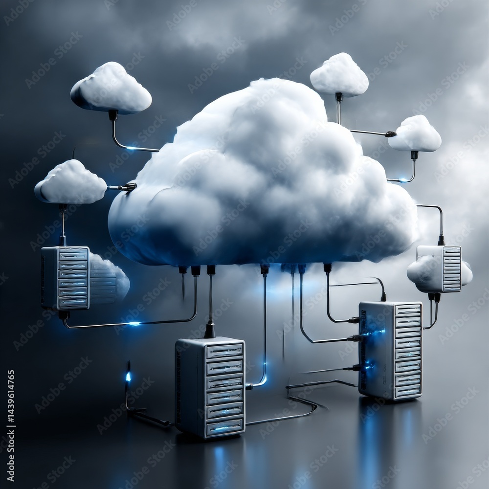 Poster Cloud Computing Network: Servers Connected to Cloud Storage Under Stormy Sky. Cyber Security Architecture Concept.
