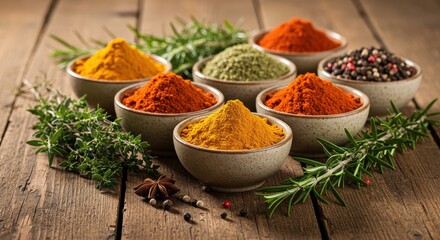 Assorted Spices in Bowls on Wooden Table with Fresh Herbs, Colorful Variety of Aromatic Ingredients for Cooking and Culinary Inspiration