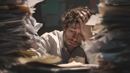 Fototapeta premium A stressed man struggles as he drowns in a massive pile of documents, overwhelmed by paperwork and deadlines. The concept of workplace stress, bureaucracy, and information overload. Generative AI.