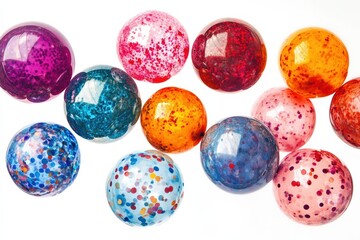 Colorful decorative balls arranged in an artistic display on a white background