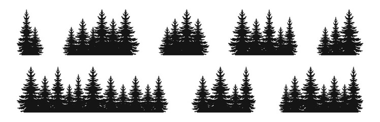 Fototapeta premium Fir tree vector icon set. Fir trees silhouettes. Forest silhouettes. Pine trees icon set. Forest treetops panorama. EPS 10