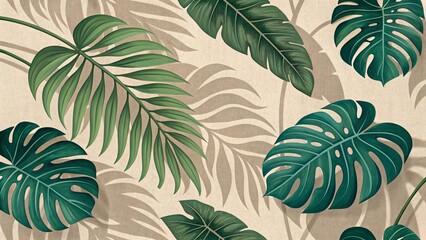 Chic Seamless Tropical Leaf Background Overlapping Green Monstera & Palm