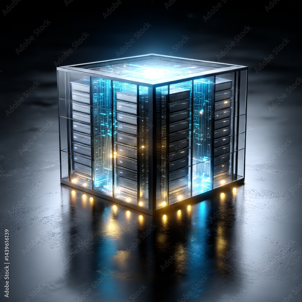 Poster Data Cube: Futuristic Server Room Concept with Transparent Enclosure and Glowing Internal Components
