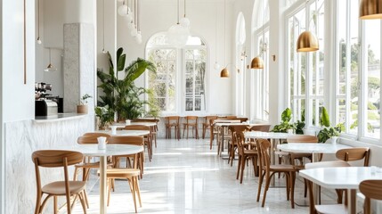 Modern cafe interior with large windows