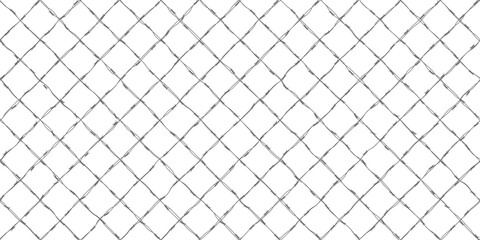 Barbed wire diagonal mesh as seamless bg. Black barbed wire with diamond-shaped cells on white. Security concept pattern. No entry. Military camp. Prison fence. Vector illustration