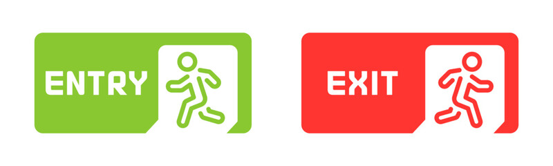 Entry and exit icons. Exit buttons. Evacuation icons. Flat style vector icons.