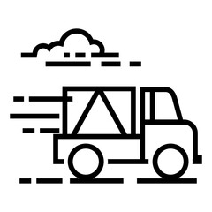 Line art icon of a fast delivery truck with cargo. Simple outline illustration of express transportation under cloudy sky. Suitable for logistics and shipping services.