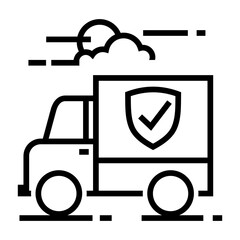 Fototapeta premium Vector line icon of a secure delivery truck featuring a shield with a check mark, set against a background of clouds and sun.