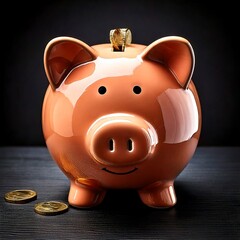Pink piggy bank with golden coin on top, surrounded by coins on wooden table, representing savings, investment, and financial growth
