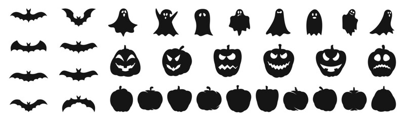 Haloween silhouettes collection. Haloween celebration concept icons. Ghost, pumpkin and bat icons. Silhouette style vector icons.