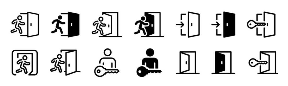Entry and exit icons. Login and logout icon set. Enter and quit icons. Flat style vector icons.