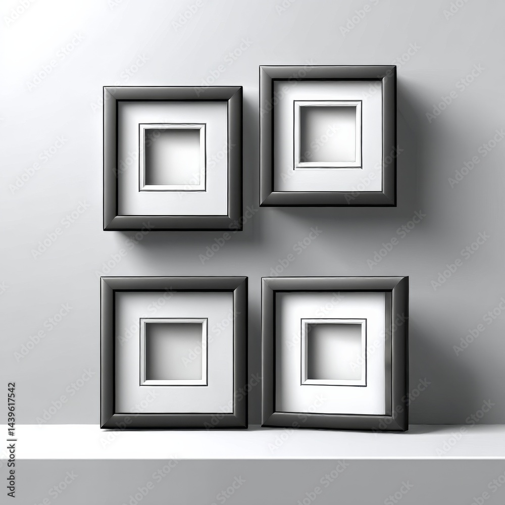 Poster framed simplicity: four square photo frames displayed on a white shelf against a neutral wall