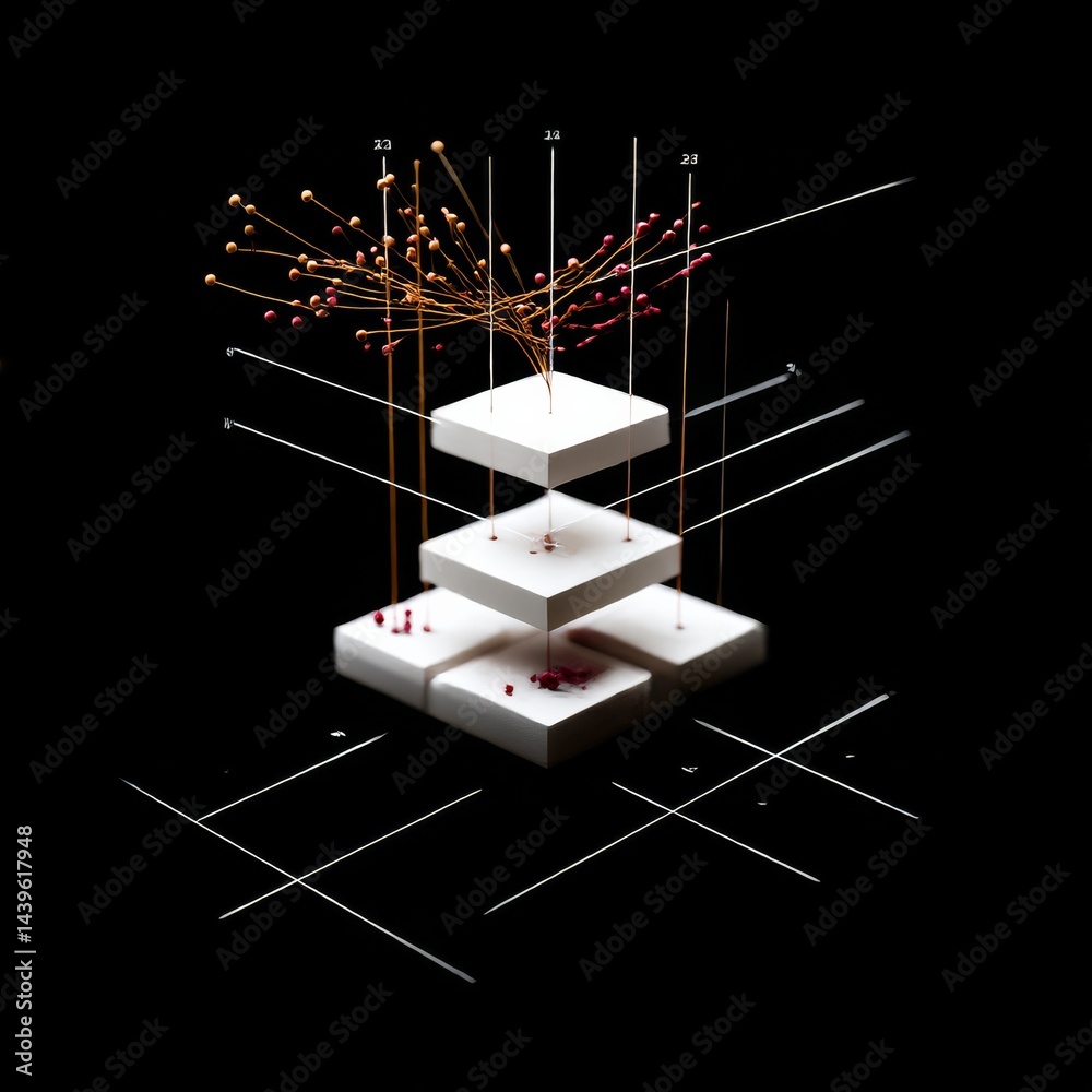 Fototapete Geometric Abstraction: Floating White Cubes with Botanical Accents in a Dark Void, a Study in Balance and Contrast.