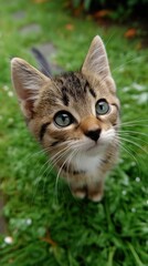 Fototapeta premium A small kitten looking up at the camera in the grass