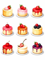 A collection of nine exquisite mini cakes with varied toppings, perfect for any dessert lover.