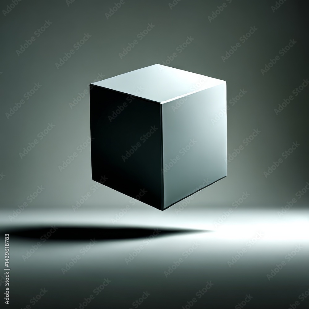 Poster Levitating Cube: A Minimalist Still Life with Shadow Play and Reflective Surfaces on a Graded Background