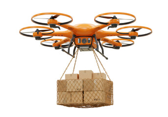 Orange drone delivering packages isolated on black background