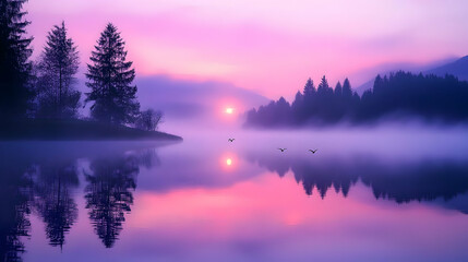 Fototapeta premium Misty Sunrise Landscape: Serene Lake with Purple Sky