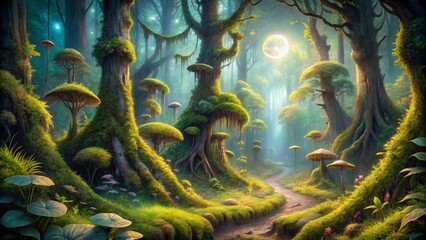 Fototapeta premium Enchanted Forest Path A Mystical Journey Through Lush Green Canopy, Mossy Trees, and Giant Fungi Under a Soft Moonlight