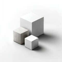 Fototapeta premium Minimalist Still Life: Three Cubes of Varying Sizes and Textures on a White Background