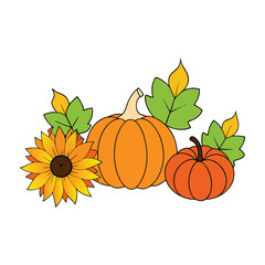 Pumpkins, sunflowers, and autumn leaves create a warm, colorful tapestry of fall, blending golden hues, crisp air, and harvest beauty into a cozy seasonal scene.