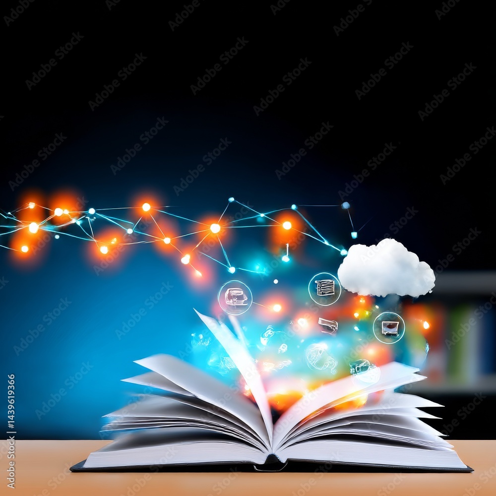 Leinwandbilder open book to knowledge: digital learning concept connecting knowledge to the cloud