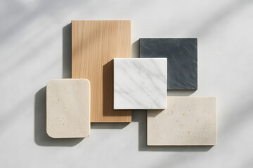still life composition featuring natural material samples with travertine, slate, marble, and light wood