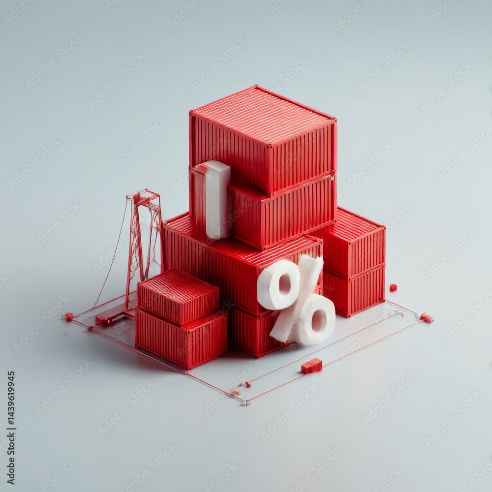 Poster red shipping containers with a percentage sign, illustrating trade, commerce and discounts on a clea